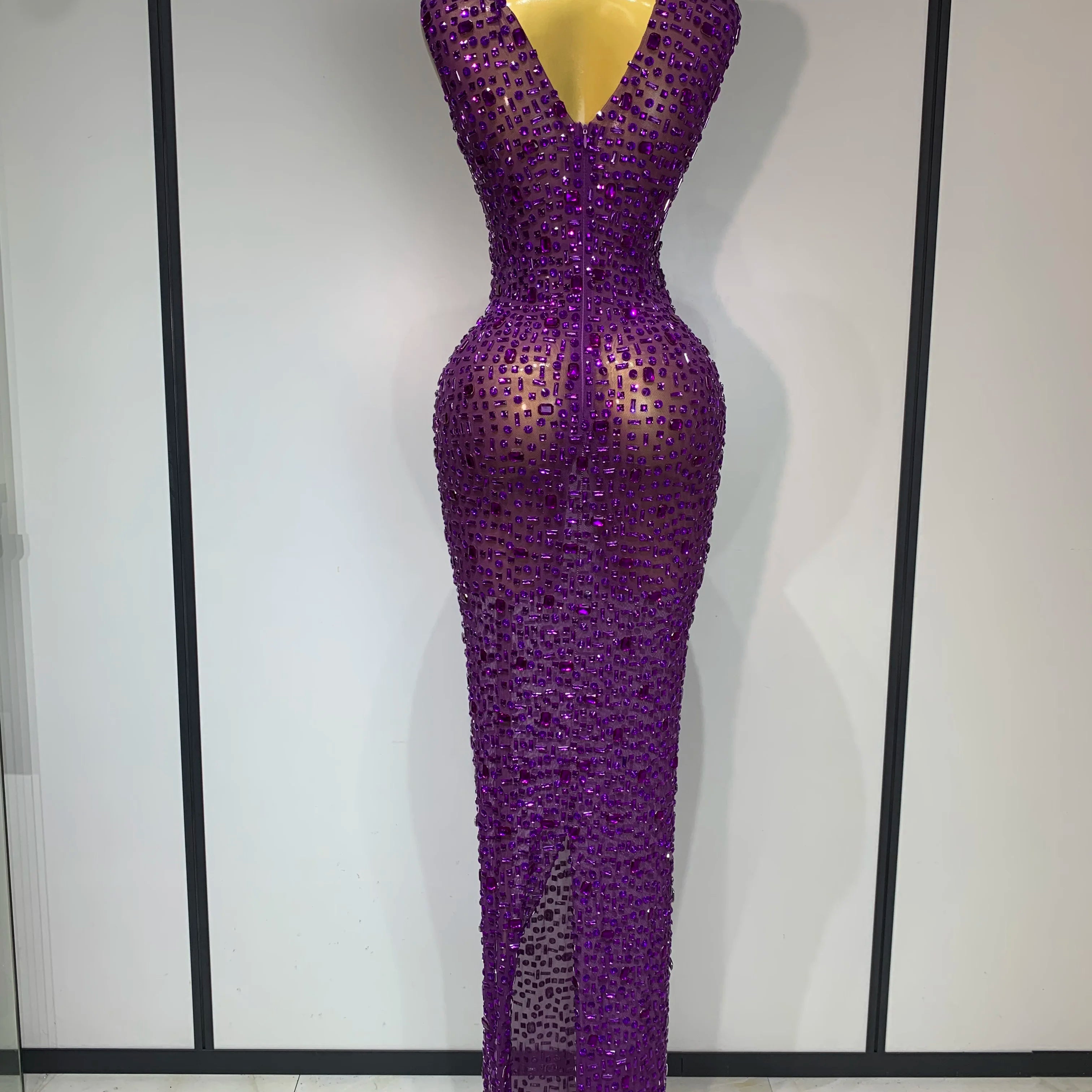 Sparkly Rhinestone Sleeveless Stretch Long Dress Women Sexy Mesh Celebrate Evening Prom Luxury Birthday Dress Evening Party Wear