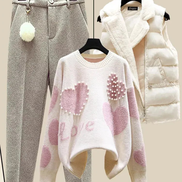 Winter New Warm Sweater 3 piece set Women Korean Fashion Sweet Heart-shaped beaded Sweater +Lamb wool vest +Pants Suits Pink 3 Piece set