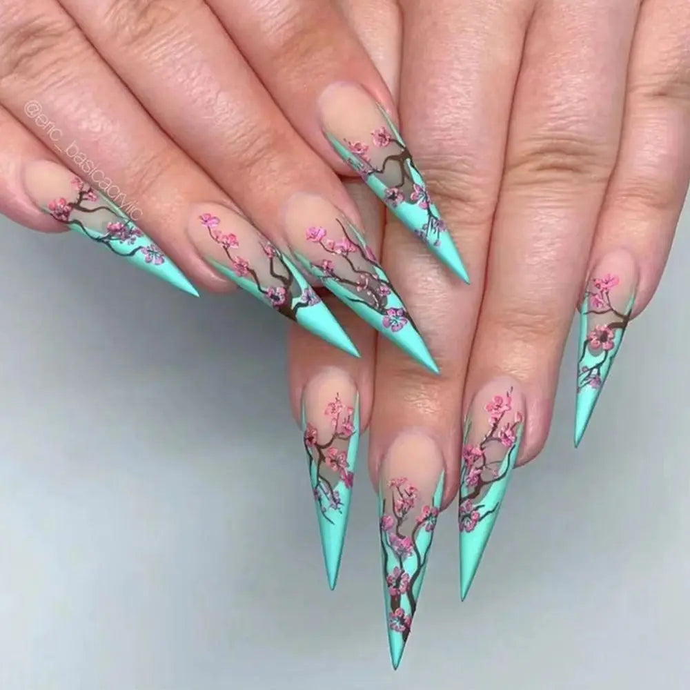 24Pcs Plum Blossom Stiletto False Nails Full Cover Manicure Tool Wearable Fake Nails Detachable Almond Nail Tips Press On Nails 1