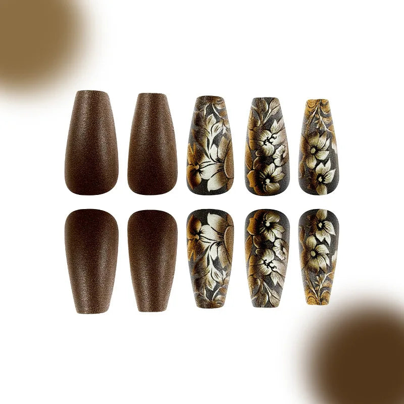 Winter 3D Flower Ballerina Press On Nails Set Long Glossy Coffee Brown False Nails With Golden Floral Accents Fake Nails Set