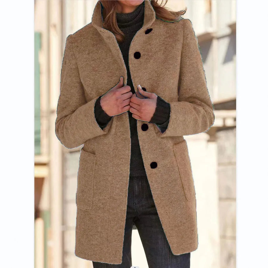 Vintage Women Overcoat Solid Button Stand Collar Woolen Coat Female Autumn Winter Fashion Long Casual Thick Ladies Jacket Camel