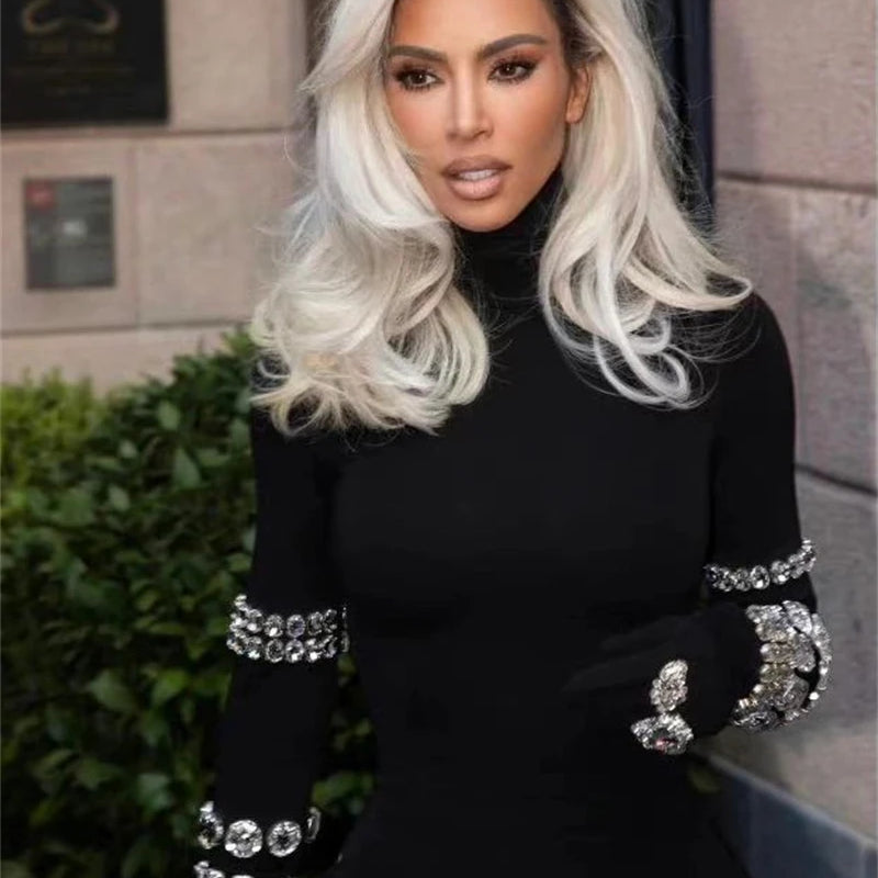 Shining Diamonds Sleeve Black Bodycom Bandage Jumpsuit Fashion Woman Party Outfit Nightclub Performance Costume