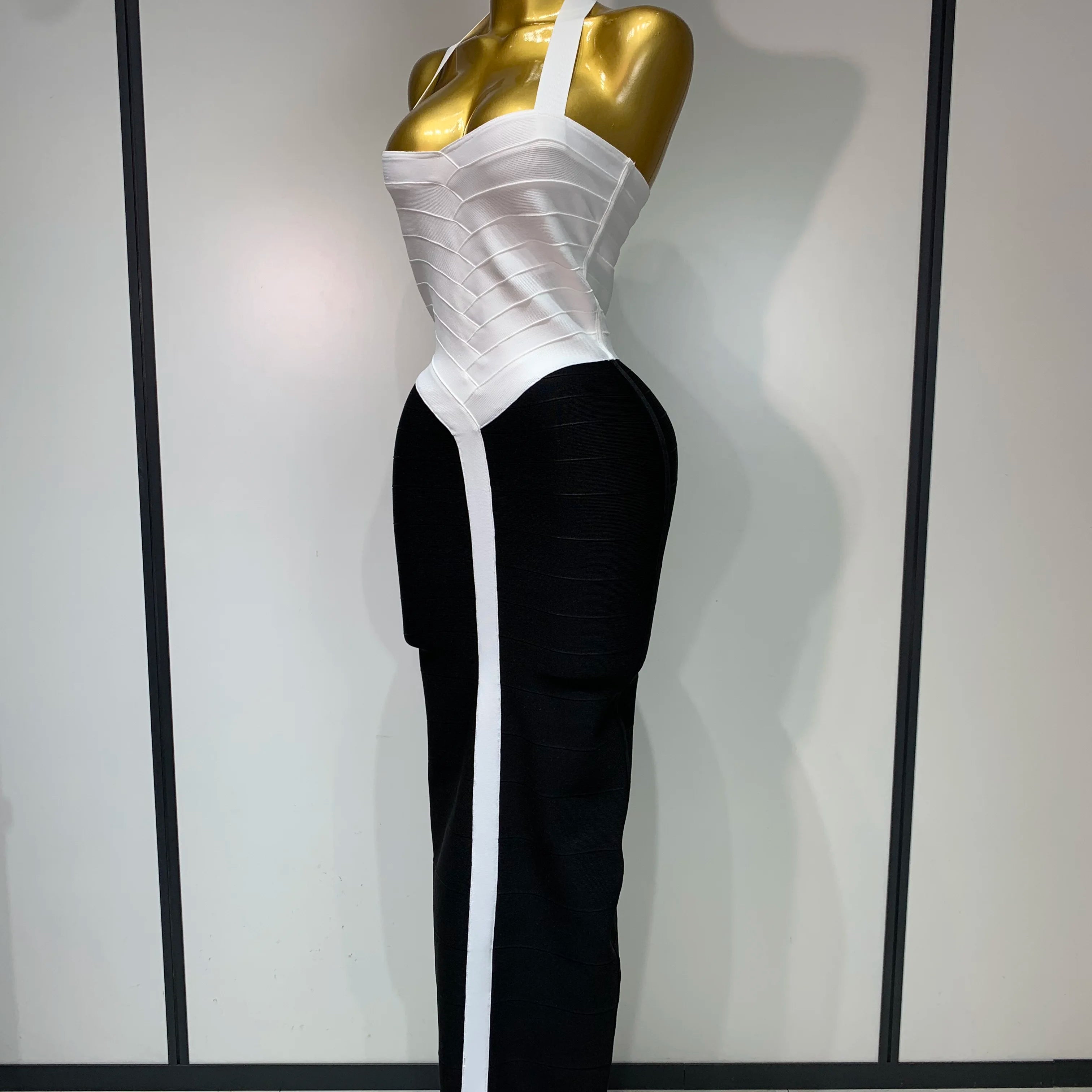 Women Sexy Halter Whiter Black Patchwork Bodycon Bandage Dress Celebrity Elegant Evening Party Club Luxury Birthday Dresses