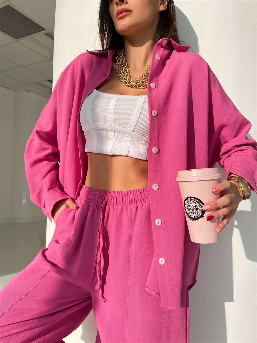 Women's Summer Suit with Pants Summer Loose Wide Leg Trousers Elegant Two Piece Suit Set for Women Buttons T-shirts Outifit