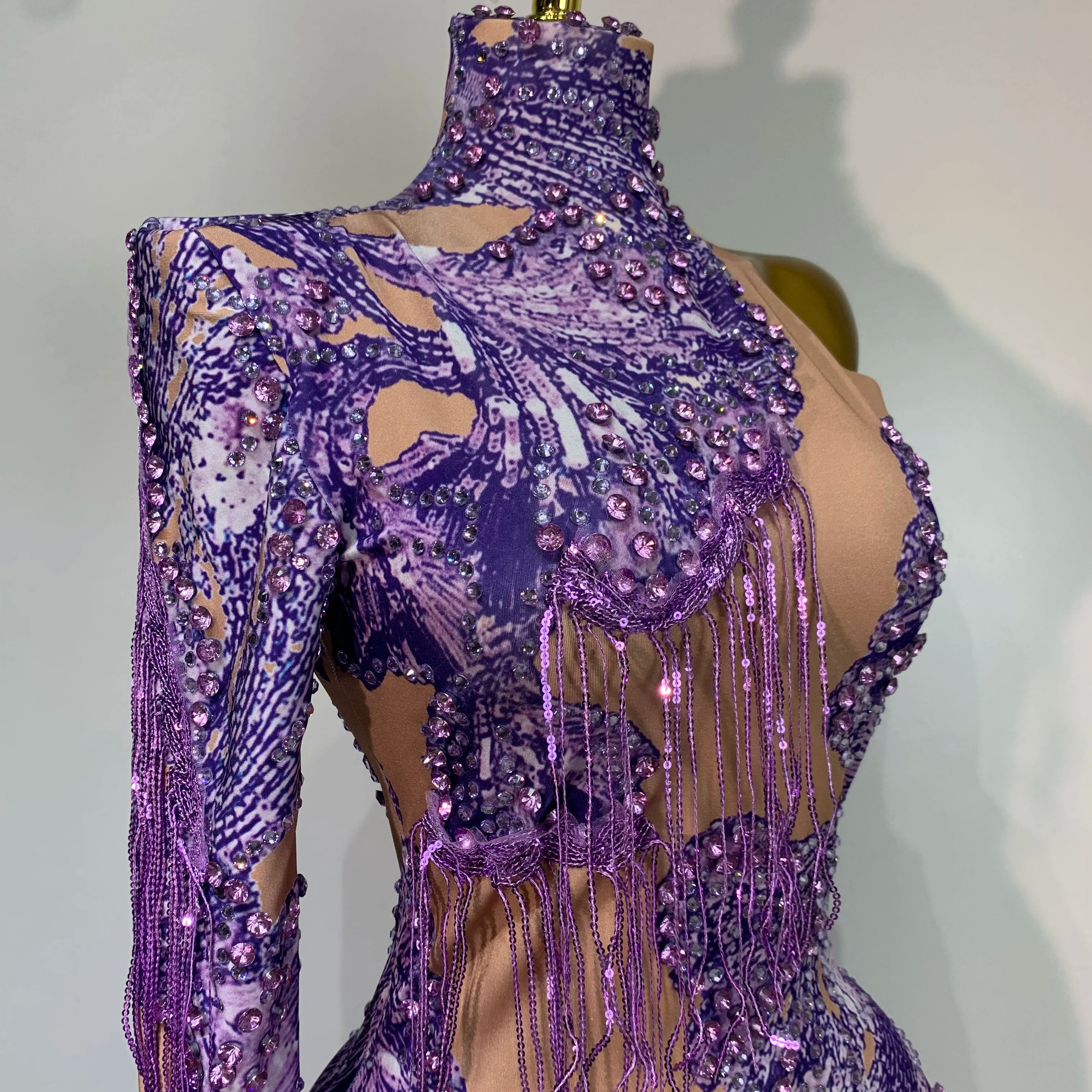 Sexy Sparkly Purple Rhinestones Tassel One Shoulder Sleeve Mini Dress Evening Party Birthday Nightclub Stage Performance Outfit