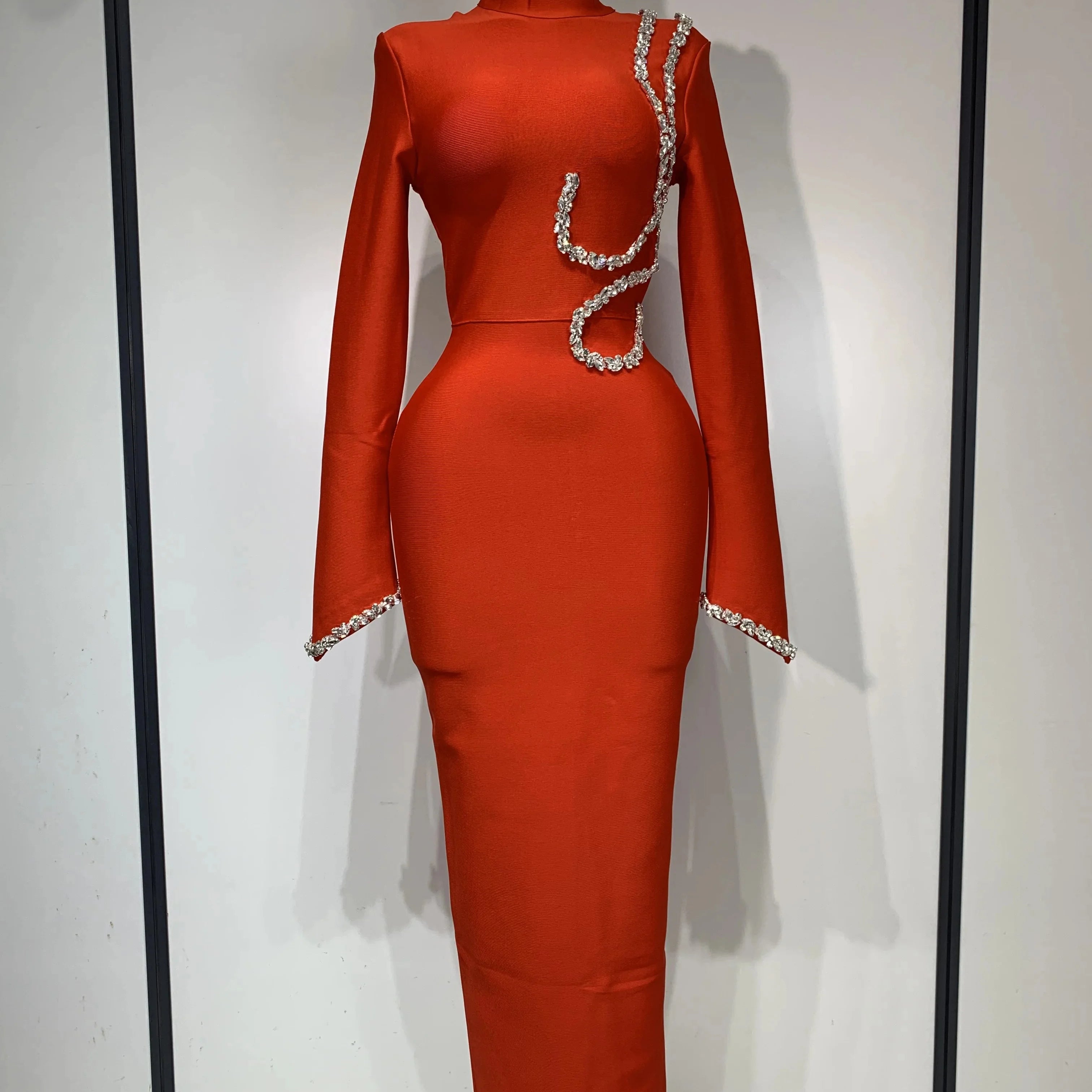 Women Sexy Long Sleeve Diamonds Maxi Long Bodycon Bandage Dress 2025 Celebrity Elegant Evening Party Luxury Birthday Dresses Red