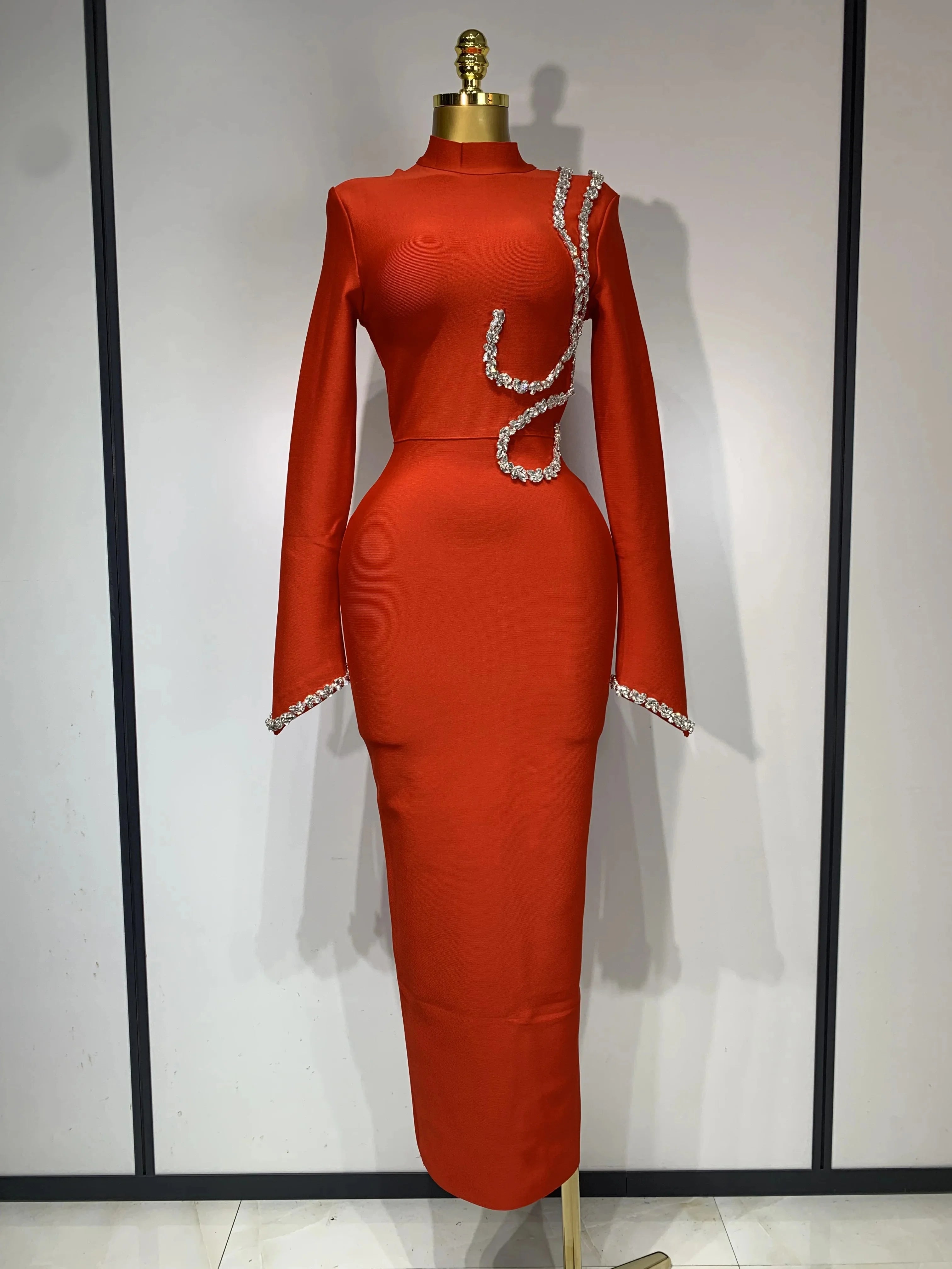 Women Sexy Long Sleeve Diamonds Maxi Long Bodycon Bandage Dress 2025 Celebrity Elegant Evening Party Luxury Birthday Dresses Red