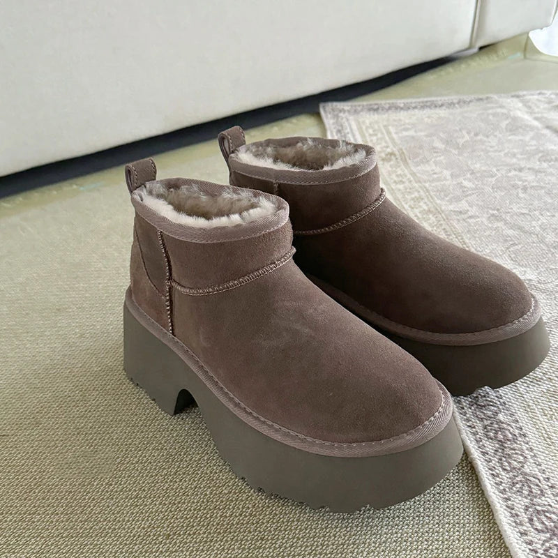 winter Snow boots Women's thick heels ankle ladies platform slippe shoes Leather Wool Chestnut