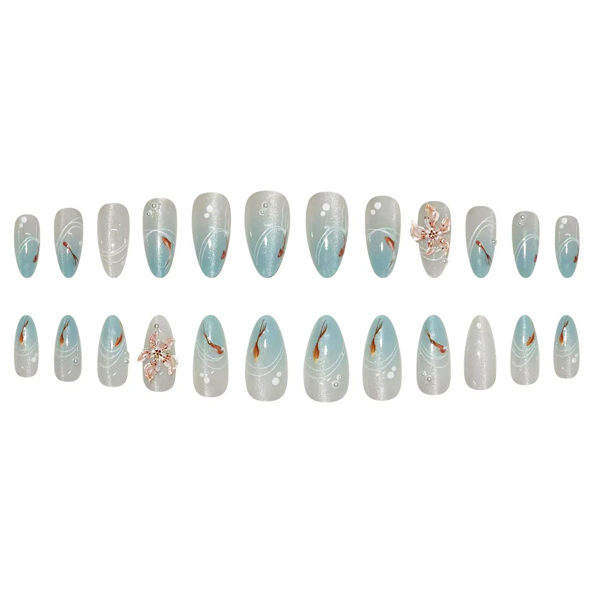 24pcs 3D Carved Petal Decor False Nails Gradient Blue Almond Fake Nails Tips Wearable Detachable Spice Girl Press on Nails