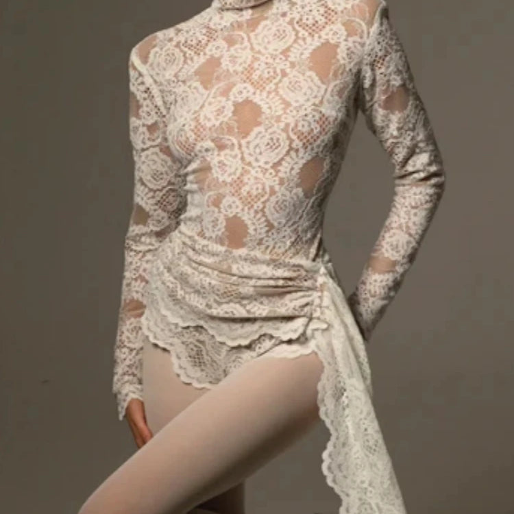 2024 New Autumn White Black Women Sexy Long Sleeve Lace Bodycon Draped Bodysuit Fashion Performance Costume Stage Wear WHITE