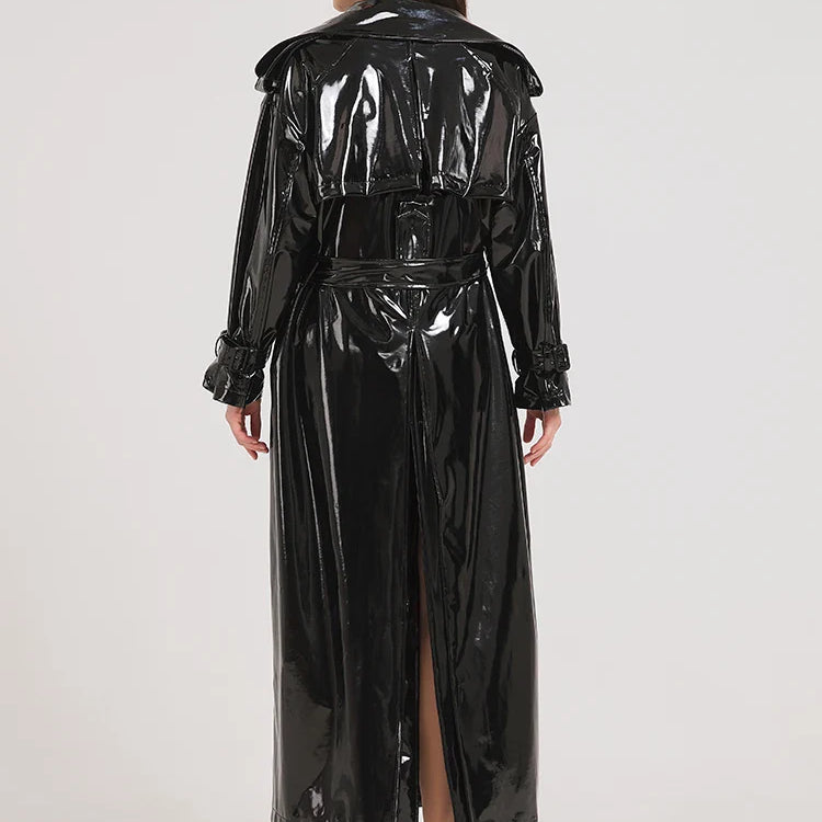 Spring Autumn Extra Long Black Shiny Reflective Soft Stretchy Patent Leather Trench Coat for Women Maxi Overcoat 2024