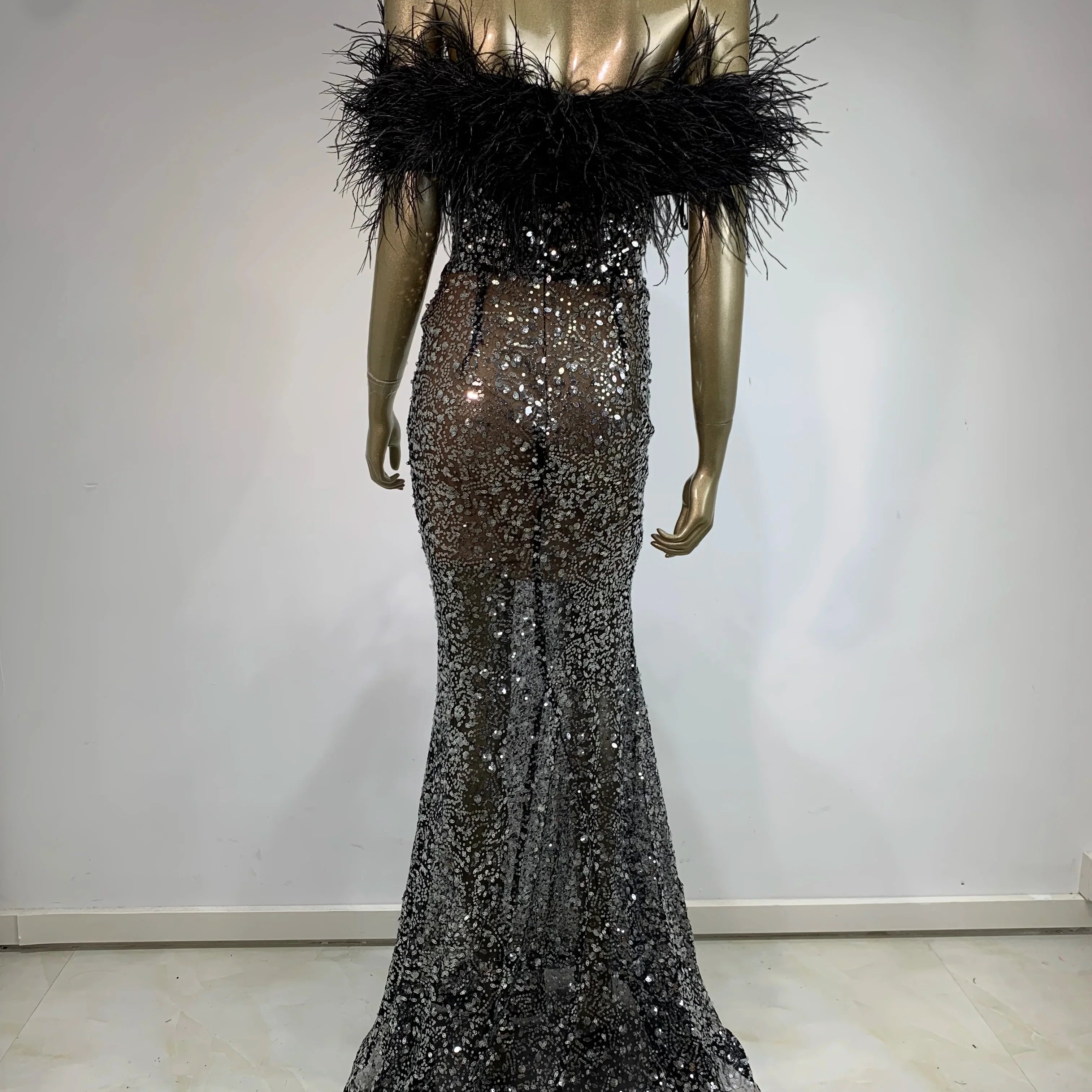 Women Celebrity Sexy Off Shoulder Feather Beading Sequins Maxi Long Gowns Dress Elegant Evening Party Club Dress Vestido