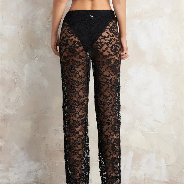 Women’s Sheer Lace Pants High Waist Wide Leg Flare Pants Bell-Bottoms Club Beach Sexy Trousers Streetwear