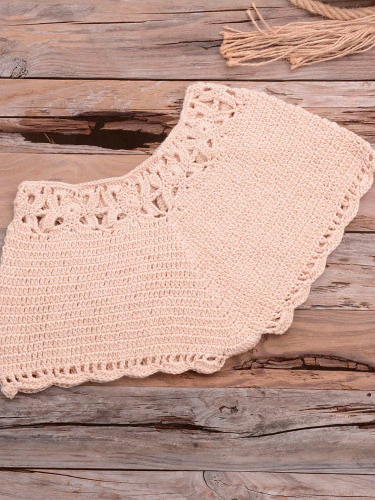 Bikini 2022 knitting Swimsuit Crochet Bikini Bohemia Style Off Shoulder High Neck Bathing Beach Bikinis Handmade Crochet Bikini Beige Bottom
