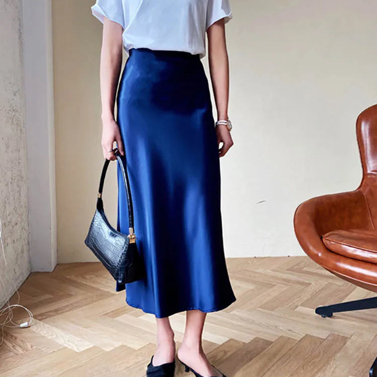 Silk Satin Skirts for Women Korean Style Champagne Office High Waist A-line Skirt Fashion Elegant Solid Long Pencil Skirt 2024