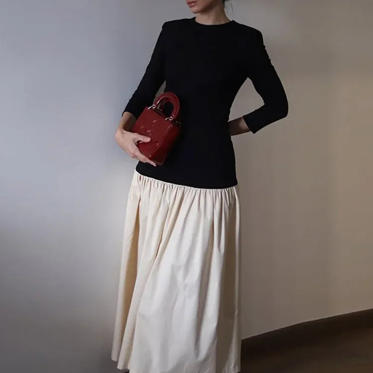 Elegant Round Collar Long Sleeve Slim Robe Women Contrast Spliced Pleated Hem Long Dress New Lady Fashion Evening Party Dresses Picture 1