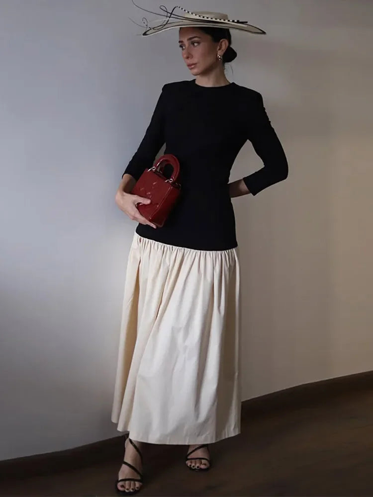 Elegant Round Collar Long Sleeve Slim Robe Women Contrast Spliced Pleated Hem Long Dress New Lady Fashion Evening Party Dresses Picture 1