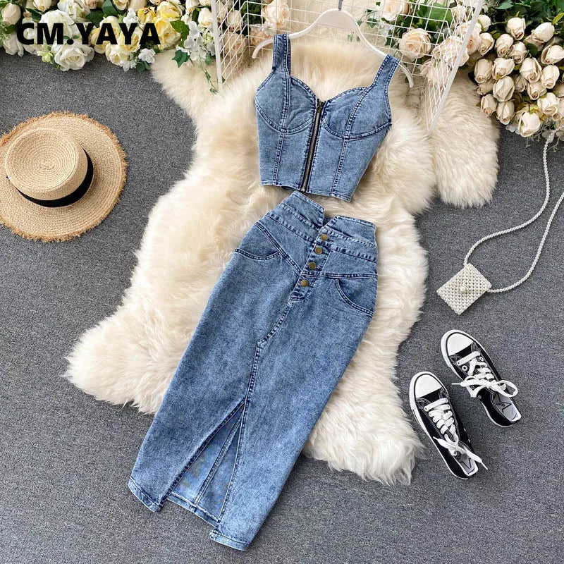 Women Denim Sets Sleeveless Strap Crop Top and Long Skirts Suits 2024 Summer Jeans Streetwear Two 2 Piece Sets Outfits