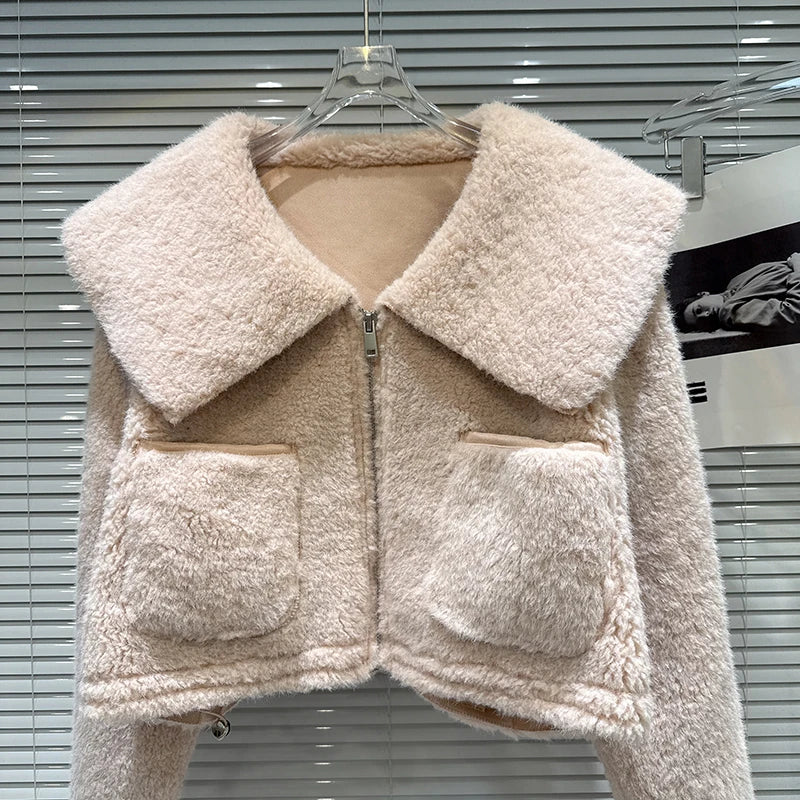 Winter New Sweet Temperament Fur Sailor Collar Fleece Short Coat For Women Versatile Zipper Warm Jacket 11A07855