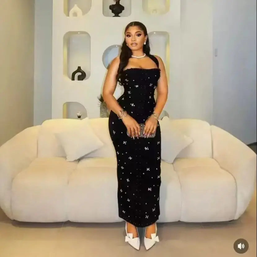 Luxury Shining Diamond Pearl Beading Halter Ankle Length Bandage Dress Elegant Woman Evening Party Vestido Birthday Party Outfit