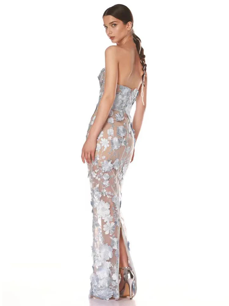Sexy Strapless Embroidery Flower Long Dress Women Sleeveless Structured Floral Slim Elegant Party Cocktail Evening Gowns