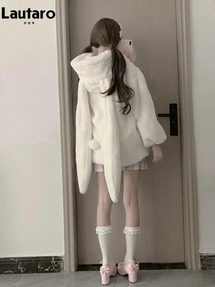 Winter Oversized Warm White Faux Fur Coat Women ith Bunny Ears Kawaii Sweet Cute Japanese Style Fluffy Jacket Hoodie White