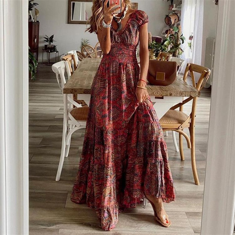 Women Vintage Print Maxi Dresses Summer Casual V Neck Short Sleeve Elastic Waist Dress Female Boho Beach Big Swing Long Dresses EA07932-Wine