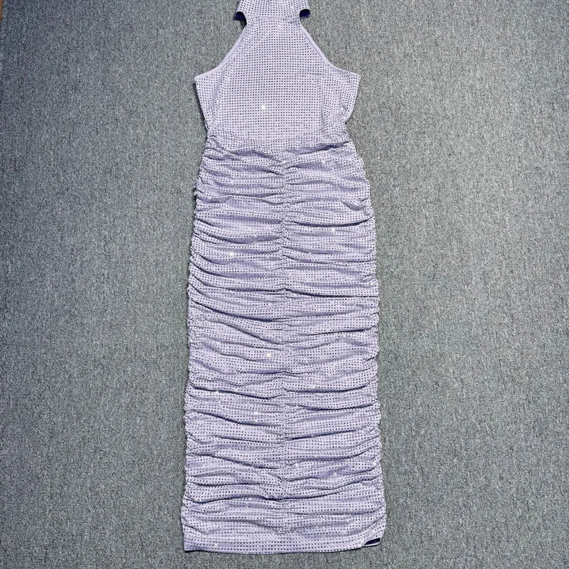 Halter Neck Backless Diamonds Long Dress For Women Sleeveless Folds Slim Formal Elegant Celebrity Cocktail Party Gown Vestido Lavender