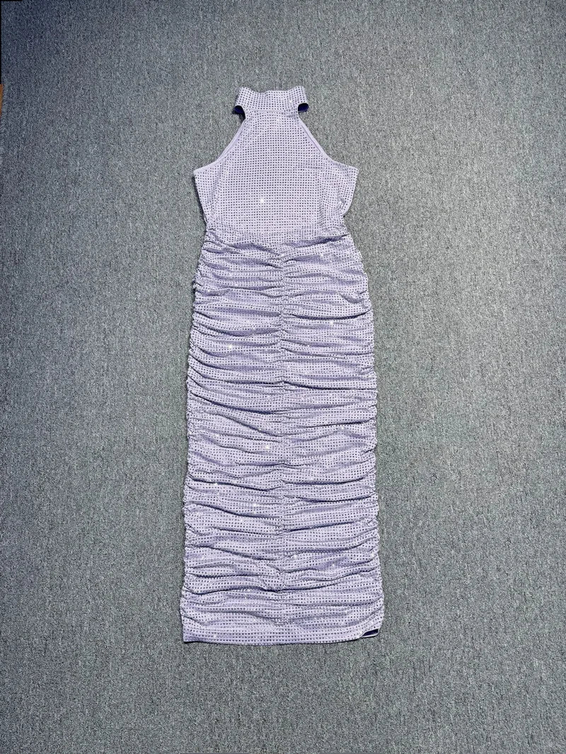 Halter Neck Backless Diamonds Long Dress For Women Sleeveless Folds Slim Formal Elegant Celebrity Cocktail Party Gown Vestido Lavender
