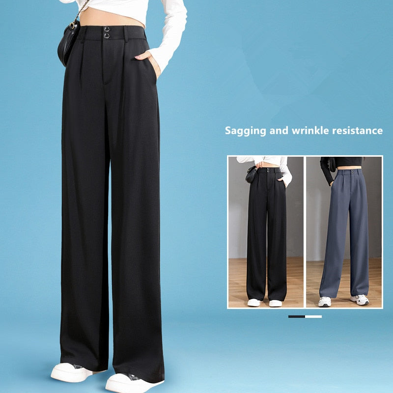 Women'S New High Waist Draping Loose Casual Straight Leg Floor Length Trousers Class Professional Wide Pants