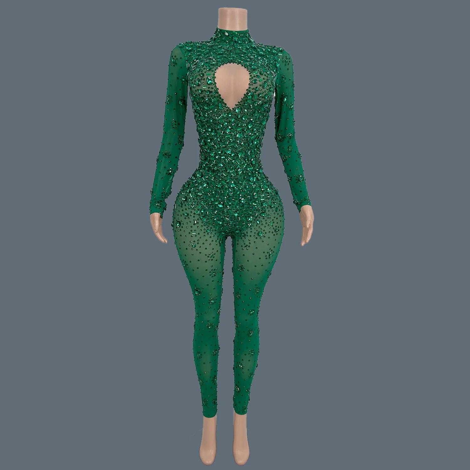 Sparkly Rhinestone See Through Mesh Tight Fitting Jumpsuit Women Night Party Outfit Female Singer Stage Performance Wear Cuican green