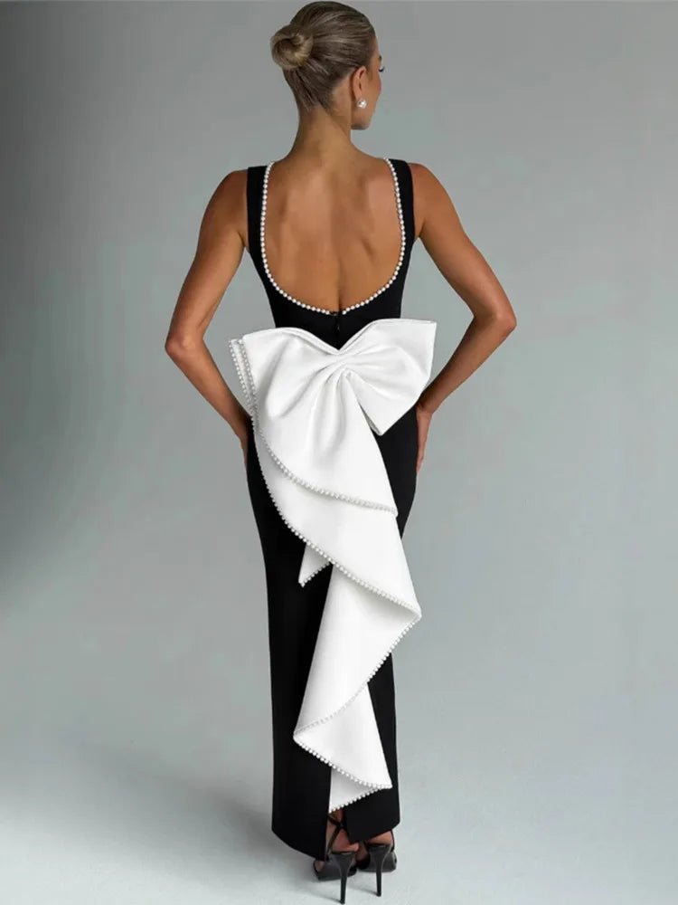 Elegant Pearl Bow Backless Sexy Maxi Dress Women Gown Fashion Sleeveless High Waist A-line Club Party Long Dress And White Contrast