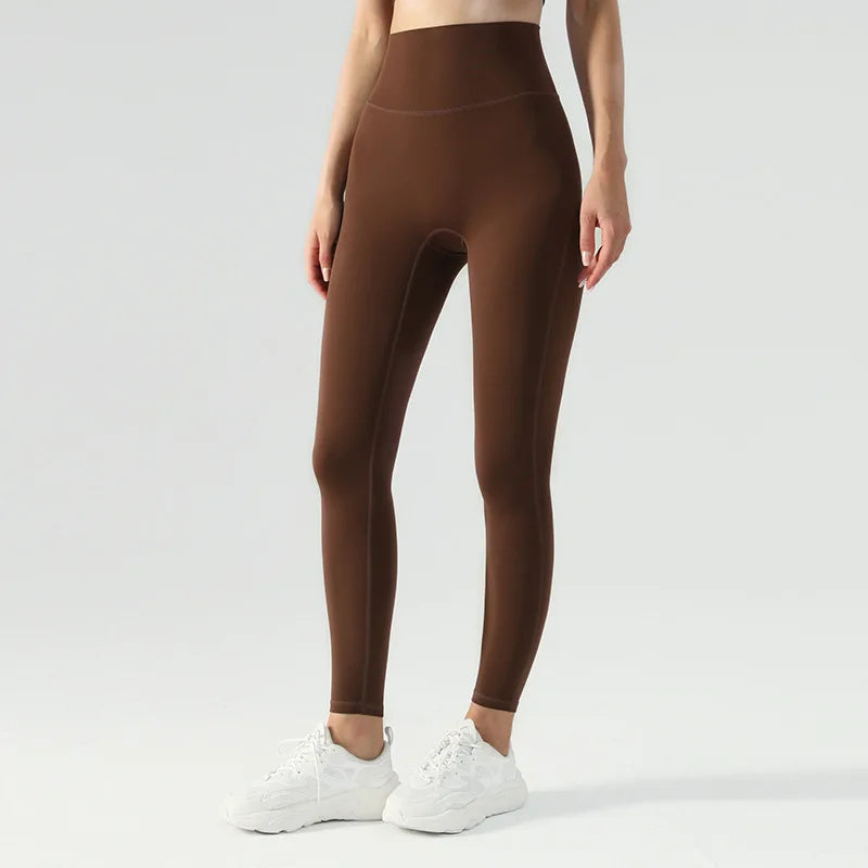 Emily Sportswear Naked High Waist Tight Yoga Pants Double-sided Brushed Peach Buttocks Lifting Running Sports Fitness Leggings Chestnut