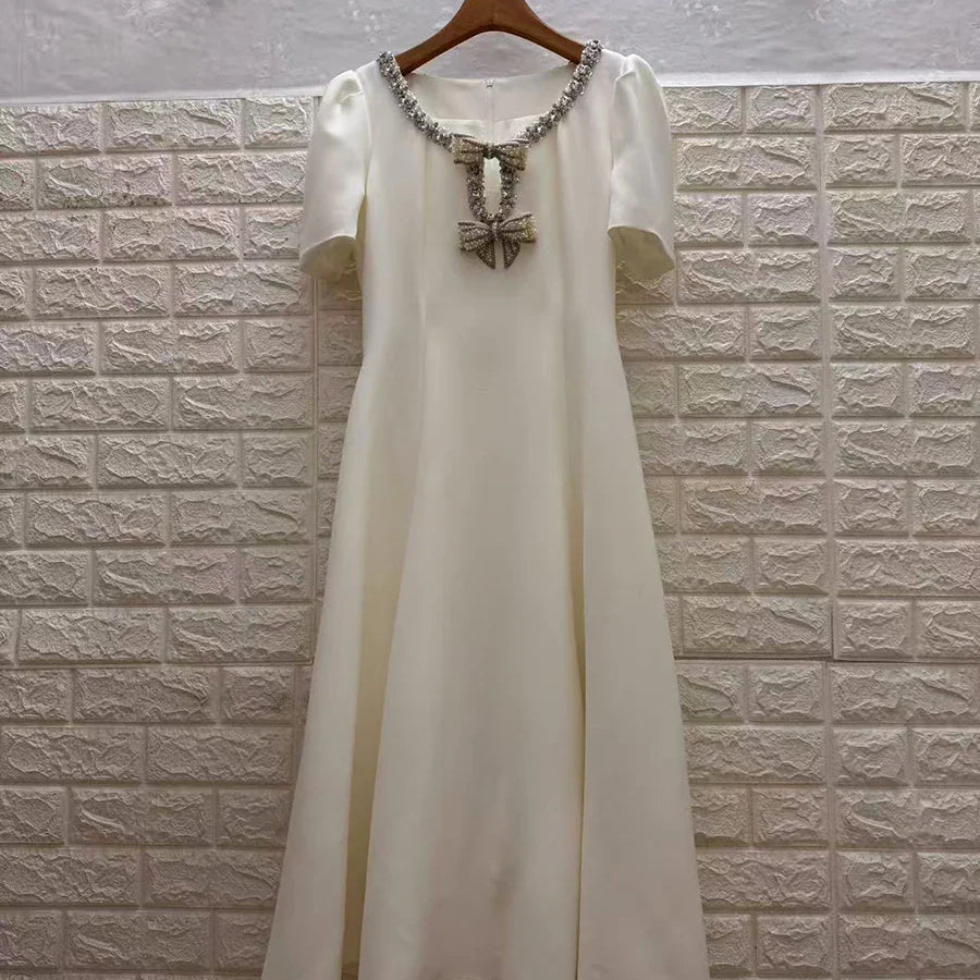 Solid Slimming Spliced Bowknot Elegant Dresses for Women Round Neck Short Sleeves Patchwork Bead Dress Female New WHITE