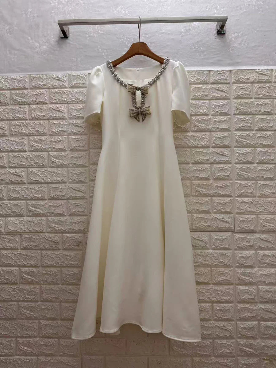 Solid Slimming Spliced Bowknot Elegant Dresses for Women Round Neck Short Sleeves Patchwork Bead Dress Female New WHITE