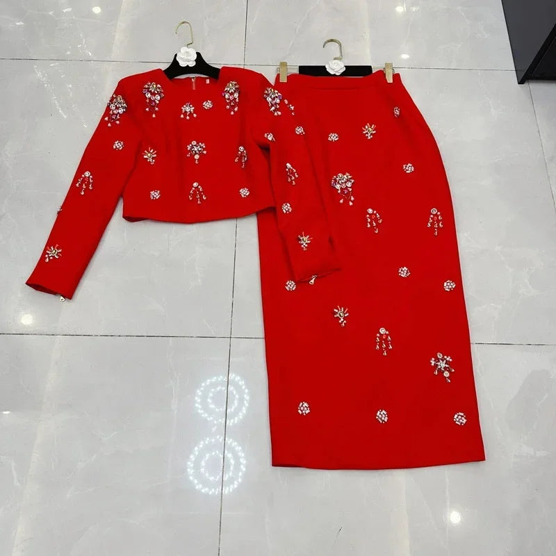 Solid Slimming Two Piece Sets for Women Round Neck Long Sleeves Patchwork Diamonds Top High Wasit Skirt Female New RED