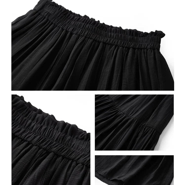 Vimly Black Elegant A-line Women's Midi Skirt Spring Simple Elastic Waist Solid Thin Female Skirts Women's Clothing M6079