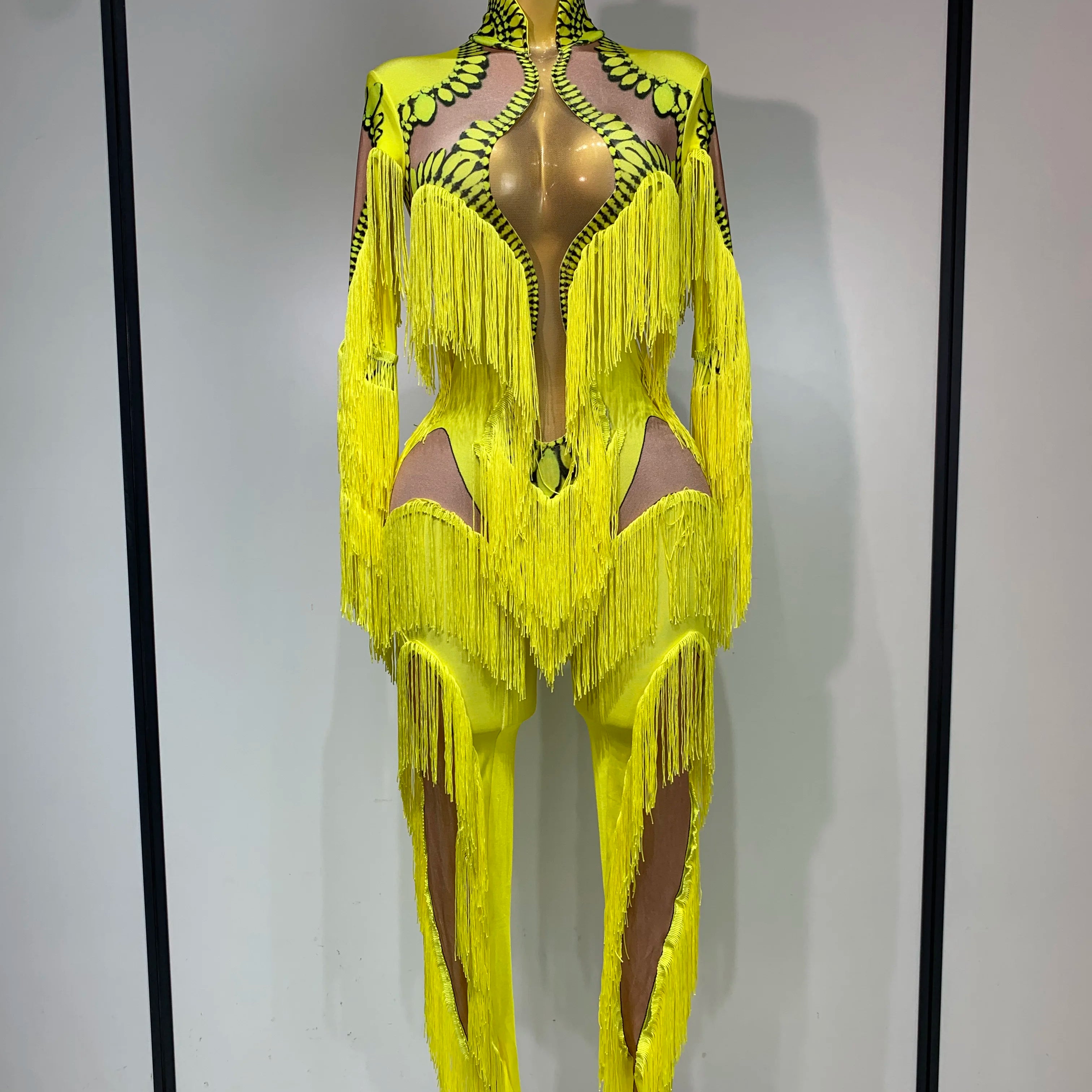 Yellow Tassel Stretch Bodycon Jumpsuit Nightclub Gogo Dance Clothing Dj Rave Outfit Nightclub Party Singer Performance Outfit Yellow