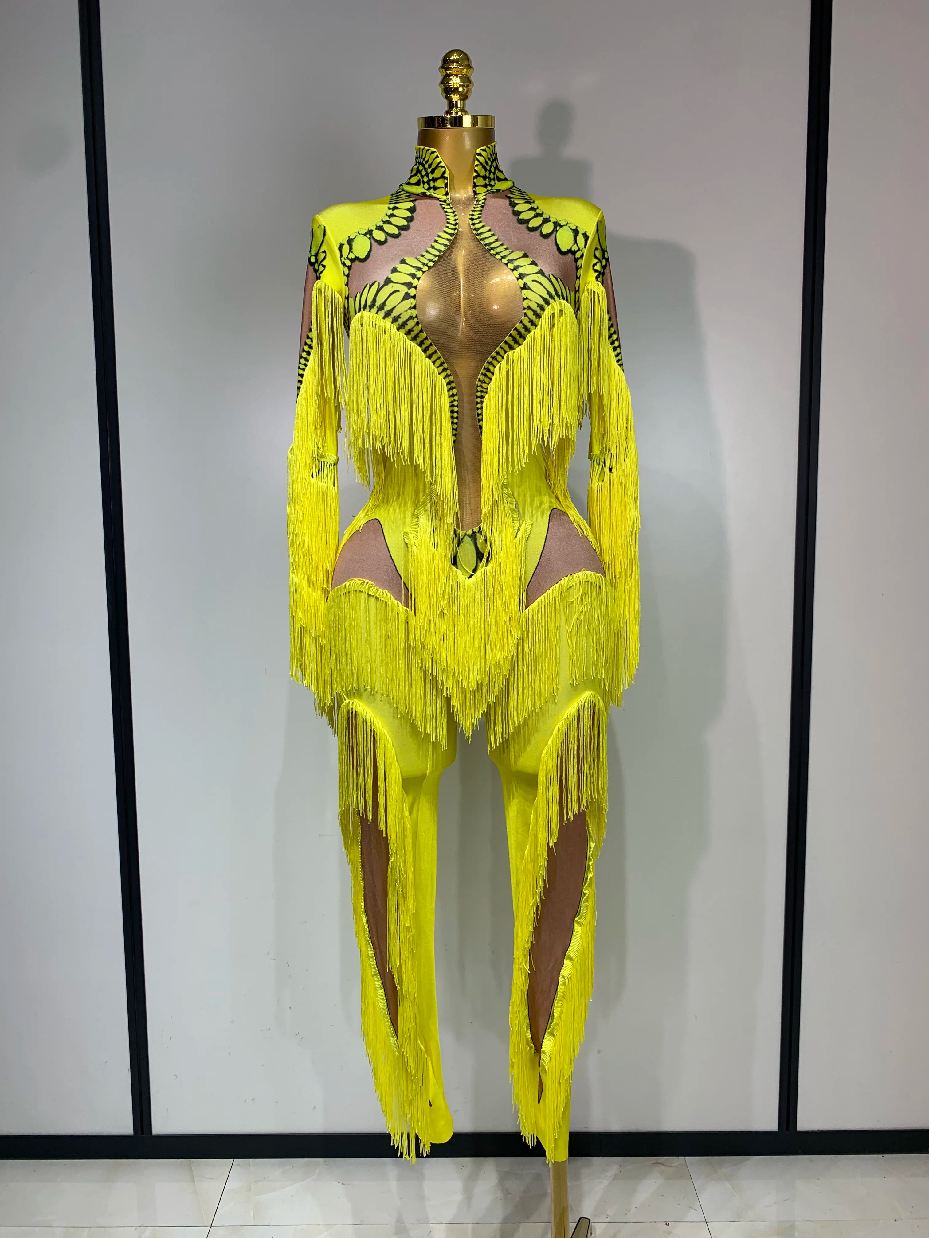 Yellow Tassel Stretch Bodycon Jumpsuit Nightclub Gogo Dance Clothing Dj Rave Outfit Nightclub Party Singer Performance Outfit Yellow