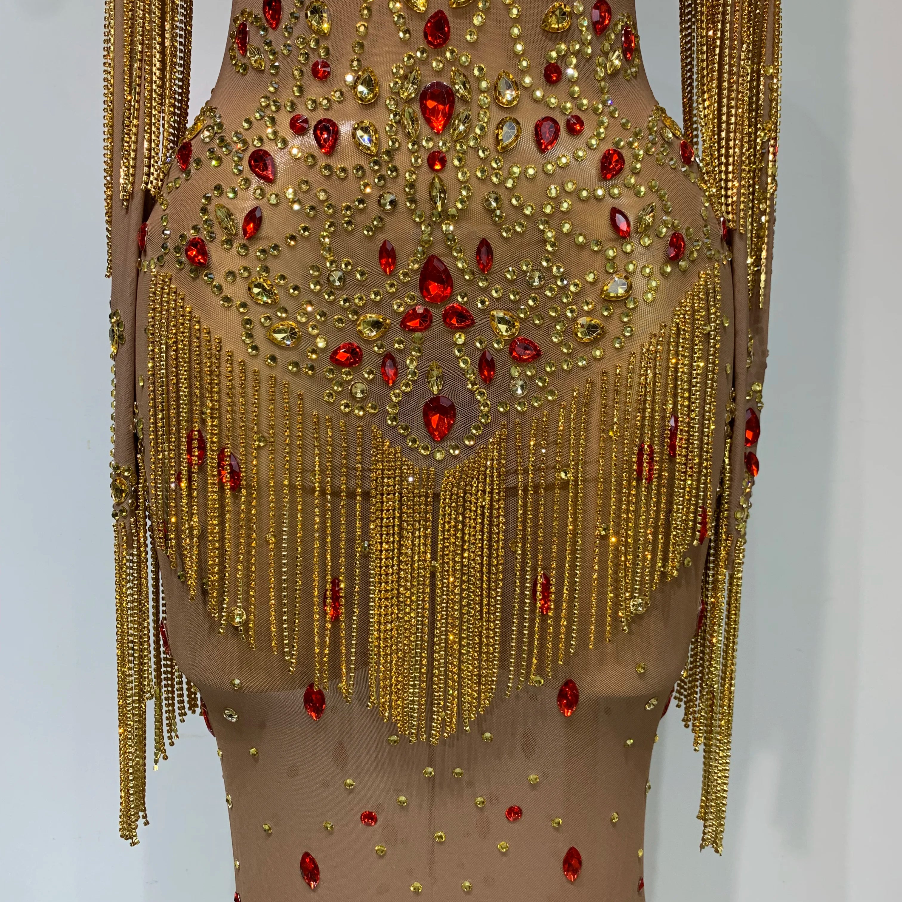 See Through Elastic Mesh Sparkly Rhinestone Stage Performan Costume Luxury Birthday Evening Party Wedding Dress