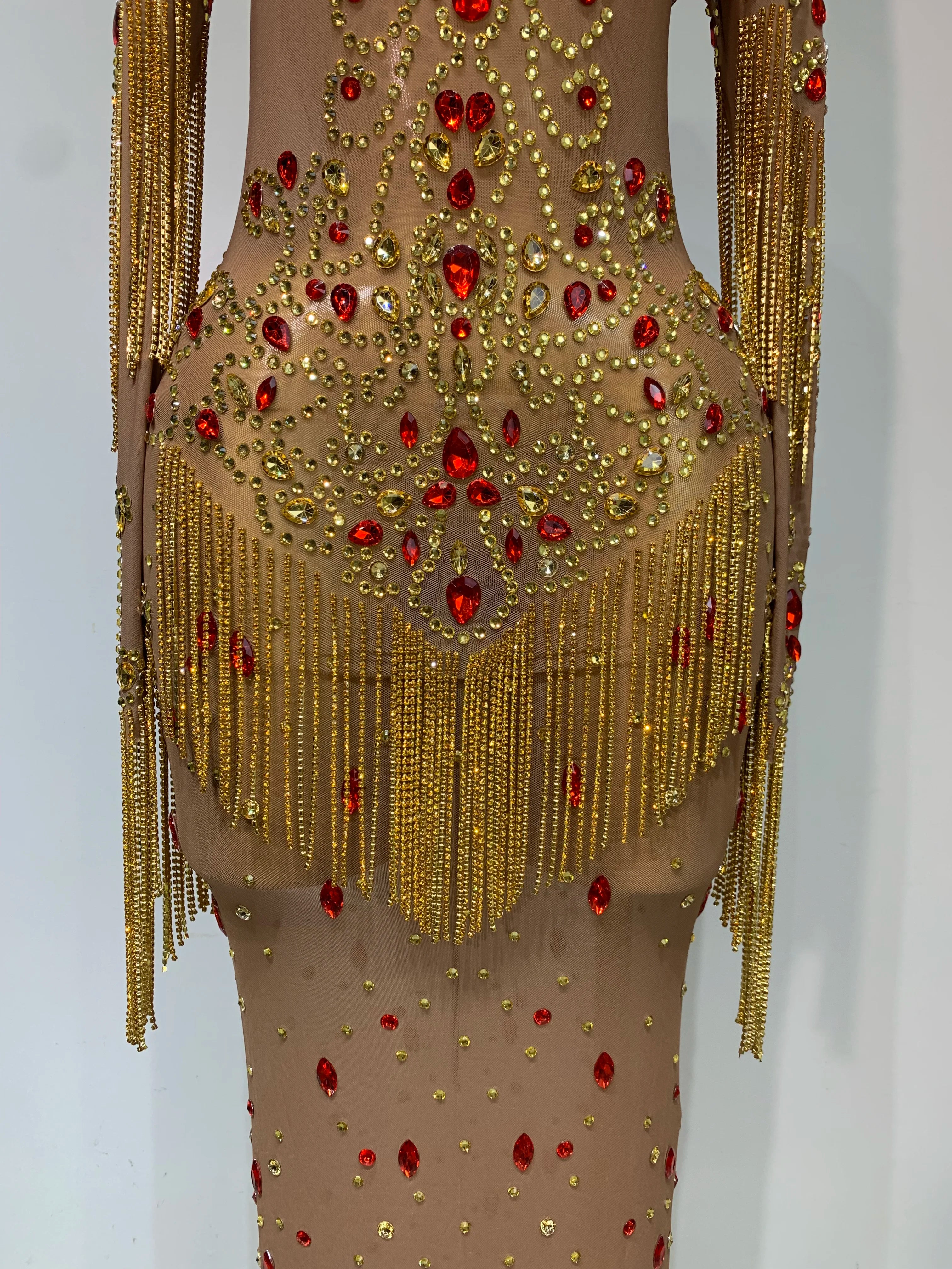 See Through Elastic Mesh Sparkly Rhinestone Stage Performan Costume Luxury Birthday Evening Party Wedding Dress