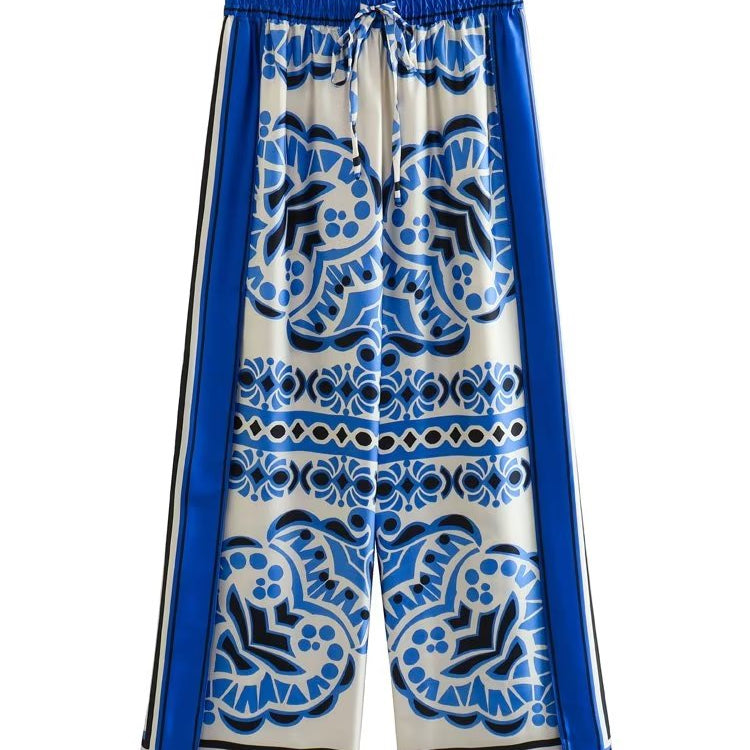 Woman Shirts Pants Sets 2024 New Summer Geometric Print Loose Long sleeved Shirts Fashion Elastic Waist Wide Leg Pants Outfits