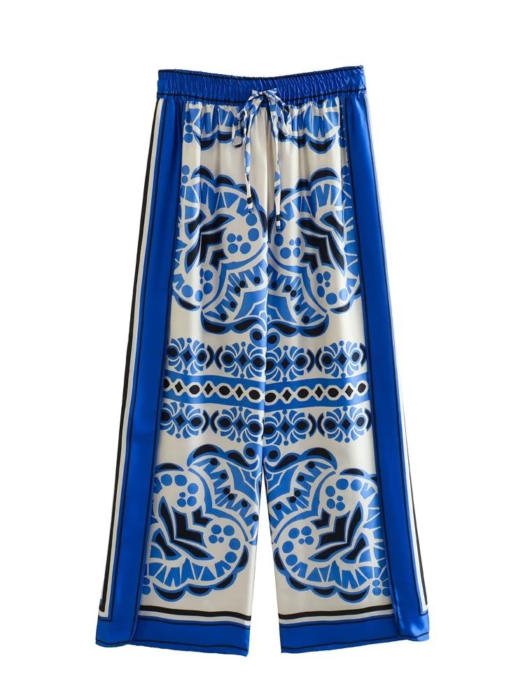 Woman Shirts Pants Sets 2024 New Summer Geometric Print Loose Long sleeved Shirts Fashion Elastic Waist Wide Leg Pants Outfits