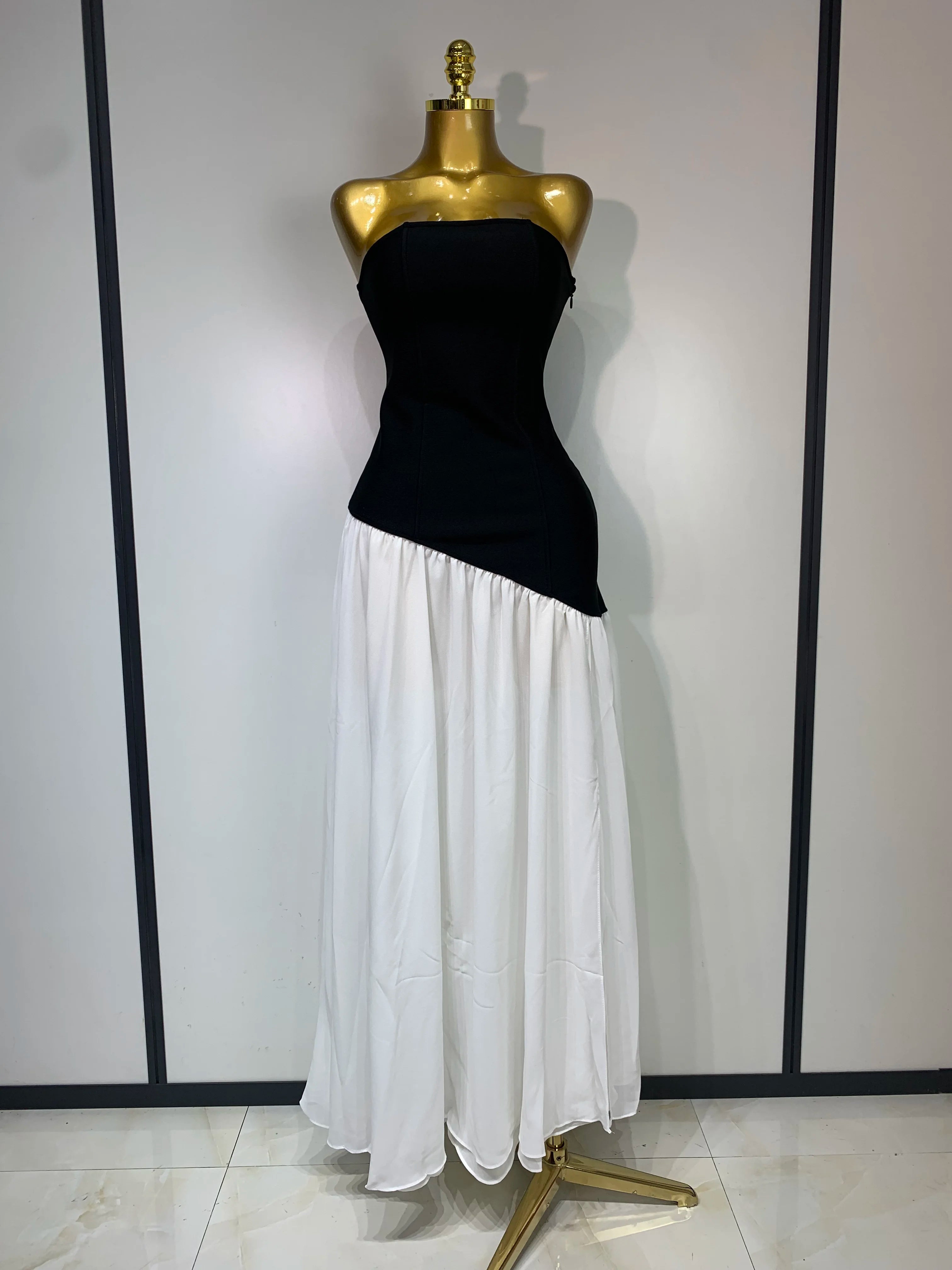 Sexy Strapless Backless Patchwork Maxi Long Bodycon Bandage Dress 2025 Celebrity Elegant Evening Party Luxury Birthday Dress black