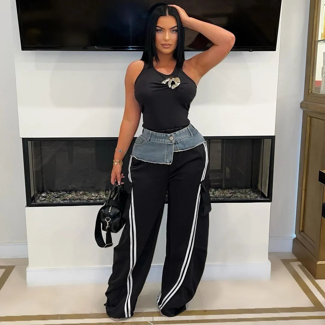 Fashion Women Denim Patchwork Pocket Side Wide Leg Loose Jogger Pants 2024 Active Jean Splicing Sweatpants Trousers Black