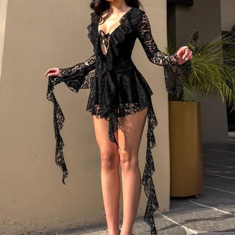 Lace Ruffled Sexy Mini Dress For Women Robe Deep V Neck Flare Long Sleeve Draped A-line Club Party Dress Vestido