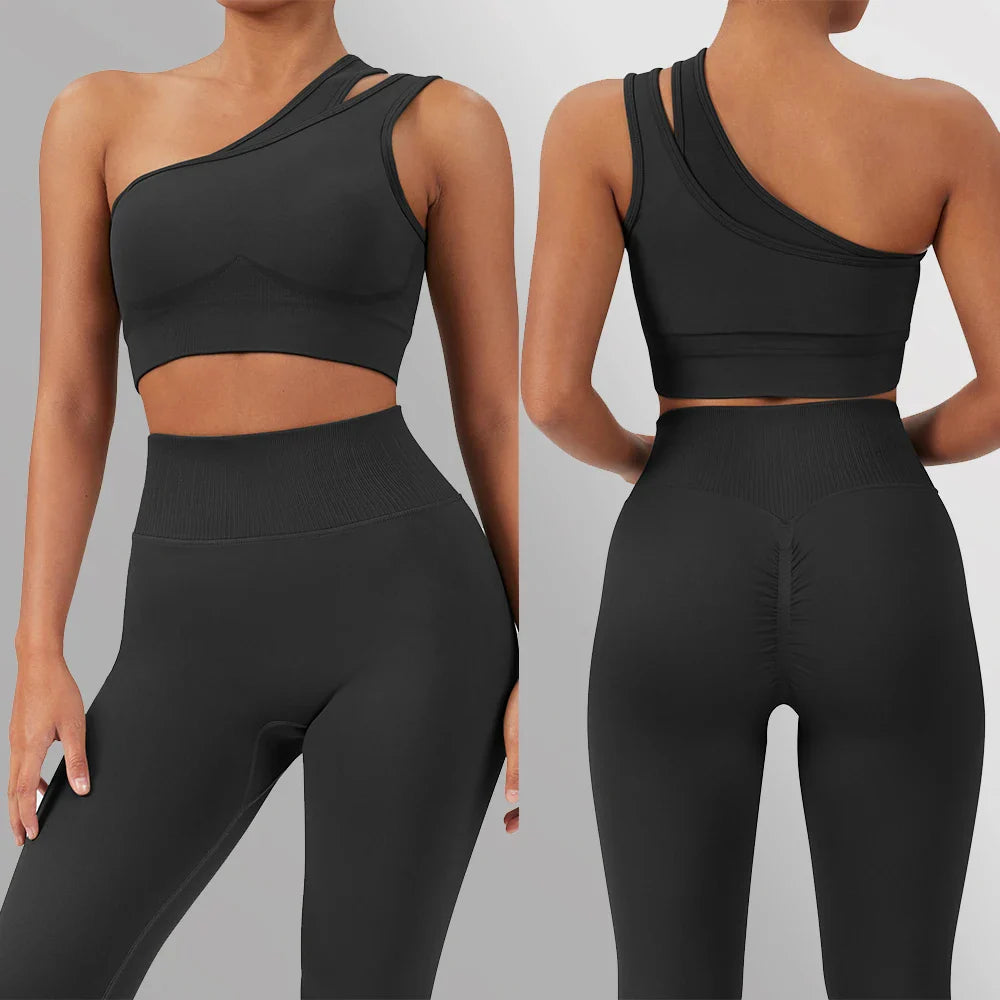 2 Pcs Yoga Set Women Seamless Gym Sportswear Outfits Workout Fitness Gym Clothing One Shoulder Sports Suit for Fitness Women