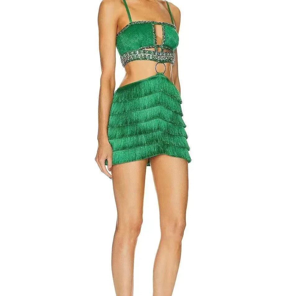 STOCK Stylish Tassel Sexy Hollow Out Spaghetti Strap Mini EvenDress Summer Holiday Vocation Vestido Music festival Outfit