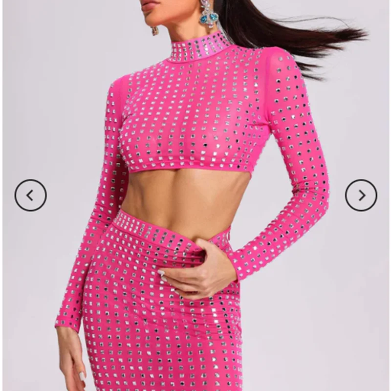 STOCK Sparkling square Diamonds Sexy Mesh See Through Top And Skirt Woman Fashion Set High Street Wear Evening Party Outfit