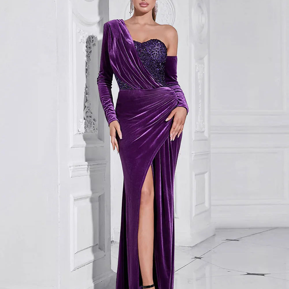 2024 Sexy Women Light Luxury Sparkle Velvet Dress with Diagonal Collar Long Sleeve Draped Bodycon Split Body Long Dress Vestidos PURPLE